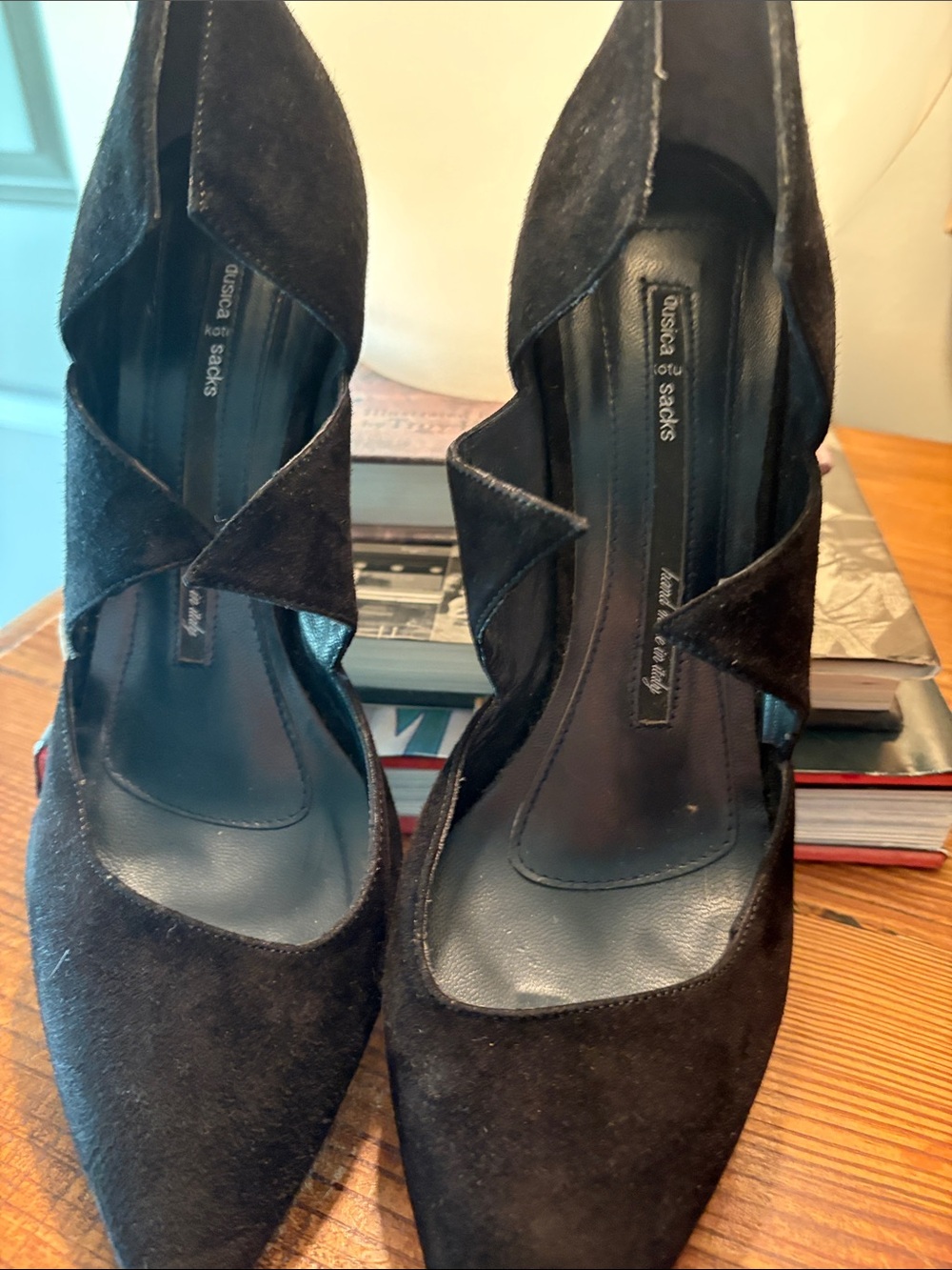 Dusica sacks Black Suede Pointed Wedge Heels with Scalloped Cutouts